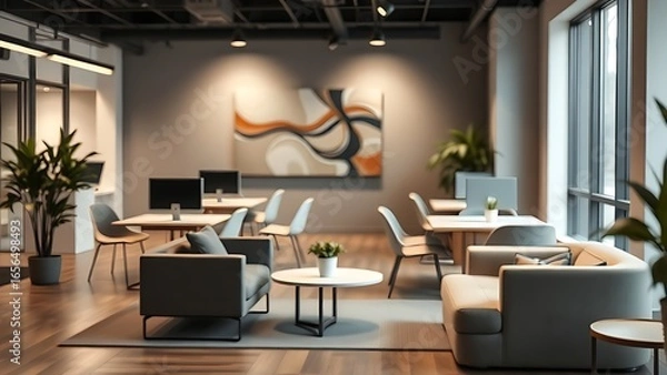 Obraz Minimalist coworking space with abstract art and clean modern design, bathed in soft ambient light.