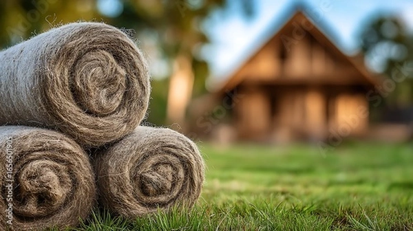 Obraz Three Jute Rolls Stacked on Green Grass with Wooden House Background