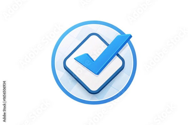 Fototapeta Blue circular badge with checkmark in rounded square frame design, isolated on a transparent background