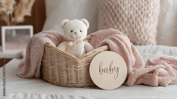 Fototapeta Teddy bear in wicker basket with soft blanket and wooden signs with "Baby" text on it for baby shower party
