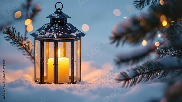 Fototapeta Glowing lantern with candle on snow near fir branches with Christmas lights in peaceful winter evening