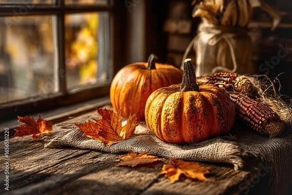 Fototapeta Autumn still life with pumpkins, dried corn and fall leaves on rustic wooden table near window