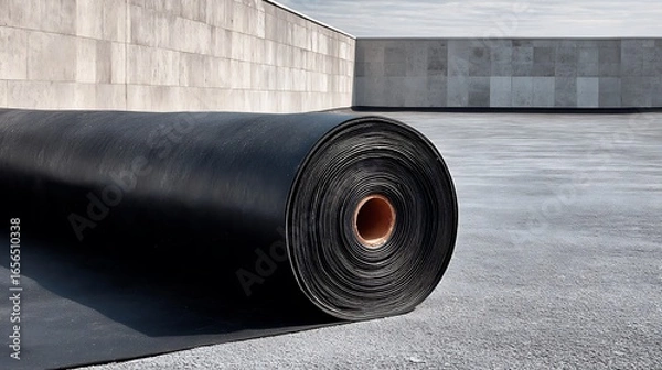 Obraz Black Waterproof Membrane Roll on Flat Rooftop with Modern Concrete Wall
