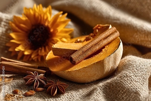 Fototapeta Pumpkin slice with cinnamon sticks, star anise and sunflower on warm textured fabric background