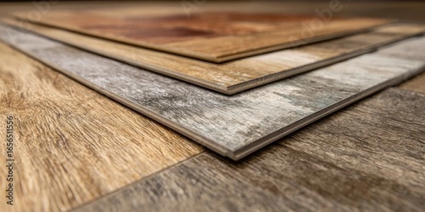 Fototapeta Close-up view of various wood-look laminate flooring samples