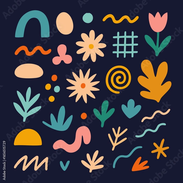 Obraz Abstract Botanical & Geometric Shapes – Colorful Vector Elements on Dark Background