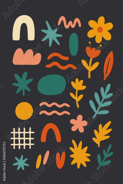 Obraz Abstract Organic & Floral Shapes – Hand Drawn Vector Pack on Dark Background