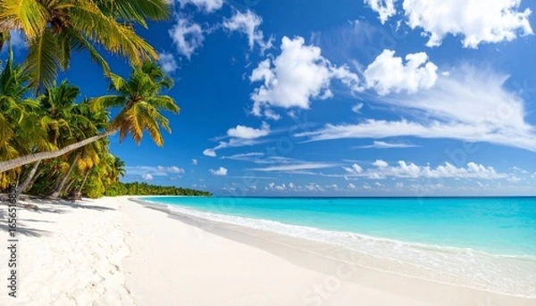 Fototapeta Idyllic tropical beach scene with turquoise water, white sand and swaying palm trees