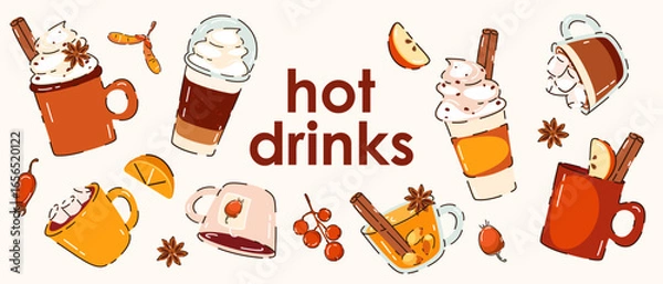 Fototapeta Banner with autumn, winter hot drinks. Pumpkin latte, hot chocolate, coffee with cream, mulled wine, cocoa with marshmallow. Background with drinks. Vector illustration.