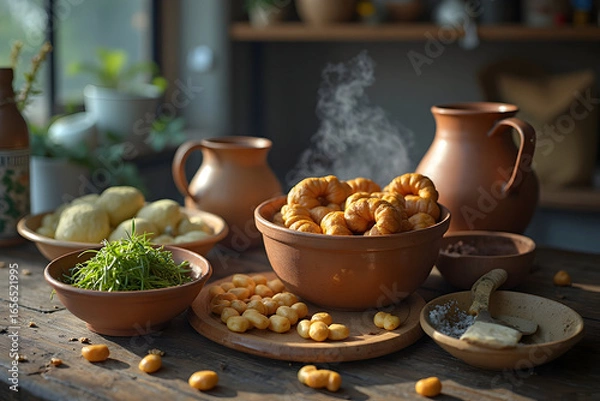 Fototapeta Rustic Kitchen Table Still Life with Assorted Foods in Bowls