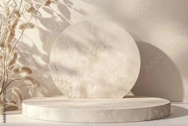 Fototapeta Minimalist podium with round marble background in beige tones, elegant empty display scene for product presentation and sophisticated design