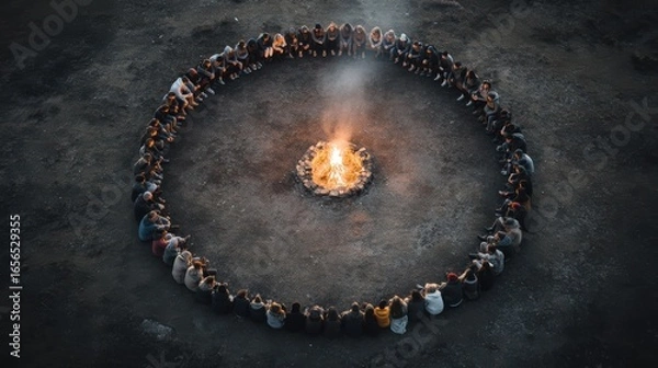 Fototapeta A group of people sits in a circle around a campfire, creating a warm and communal atmosphere against a dark background.