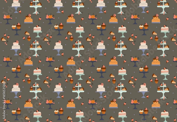 Fototapeta Seamless pattern with cakes and desserts. Cute cartoon vector hand drawn illustration