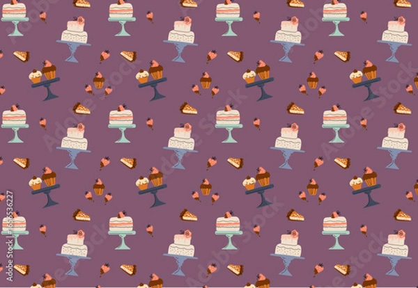 Fototapeta Seamless pattern with cakes and desserts. Cute cartoon vector hand drawn illustration