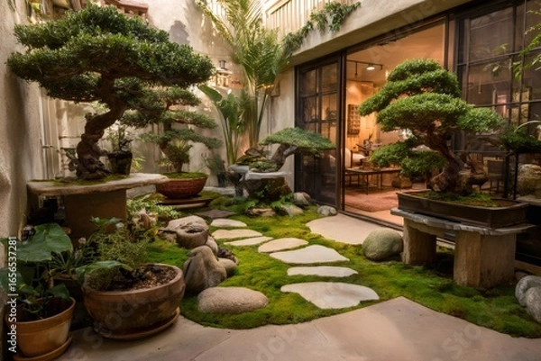 Fototapeta Peaceful Japanese garden featuring carefully pruned bonsai, lush green moss, and winding stone path leading through meditative landscape