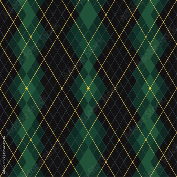 Fototapeta Argyle vector pattern. Dark green with thin slim golden dotted line. Seamless vivid geometric background for fabric, textile, men clothing, wrapping paper.