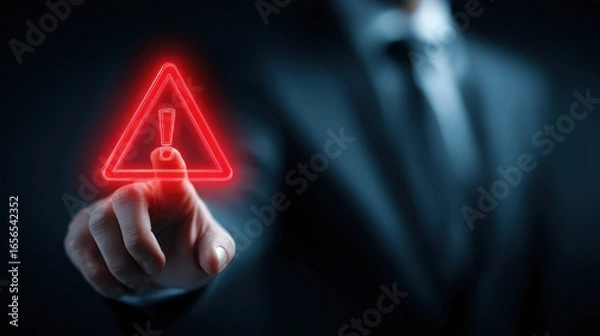 Fototapeta A close-up depicts a person in a suit, fingertip touching a glowing red triangular warning sign with an exclamation mark.  The background is dark, creating a dramatic effect