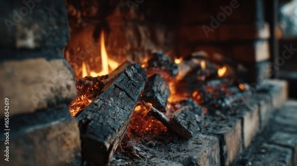 Fototapeta Close-up of a fireplace with burnt logs and glowing embers fading, no flames left, minimal light and shadows against a rustic brick background