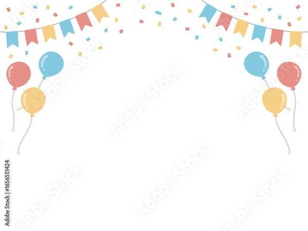 Obraz ガーランドと風船と紙吹雪で彩られたお祝いパーティーの背景フレームイラスト