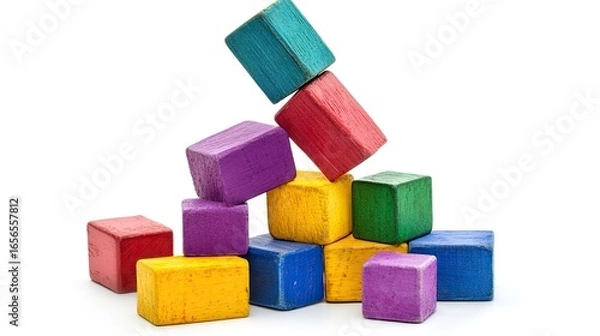 Obraz Tower of mixed colorful blocks partially toppled, isolated on white background, playful and dynamic stock photo idea