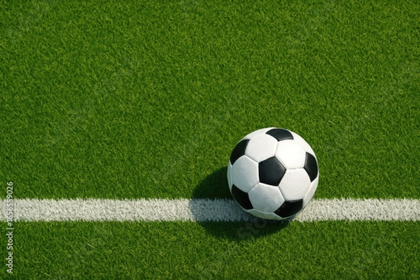 Fototapeta Classic black white soccer ball rests on fresh green grass near a white boundary showing clear texture and perfect arrangement