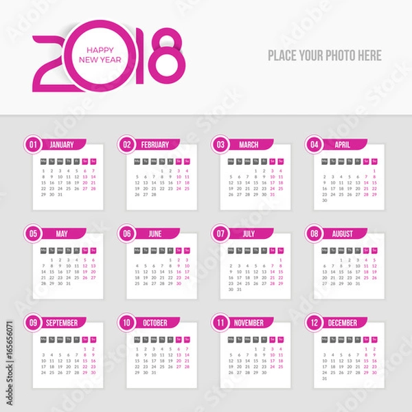 Fototapeta 2018 Calendar - Week starts Monday