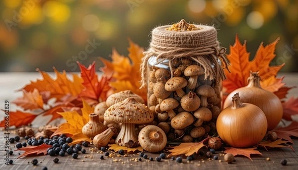 Fototapeta Autumnal display of preserved mushrooms in a glass jar, surrounded by colorful fall leaves, onions, and spices, creating a warm and inviting autumnal scene.