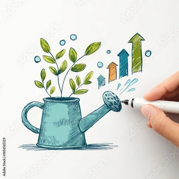Fototapeta Hand-drawn sketch depicts growth; a plant sprouts from a watering can,  water flows towards upward trending graphs