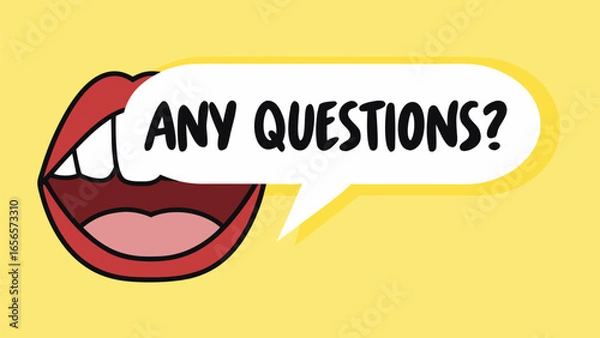 Fototapeta Open mouth saying  Any Questions on yellow background vector. question, answer, asking, assistance, expertise, investigation, mouth, problem, solution, support, open, professional, query, 