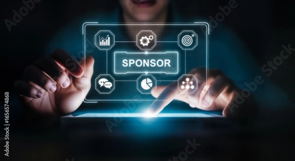Fototapeta Sponsor concept with icons and data visualization on a futuristic digital interface, highlighting business partnership and marketing strategy