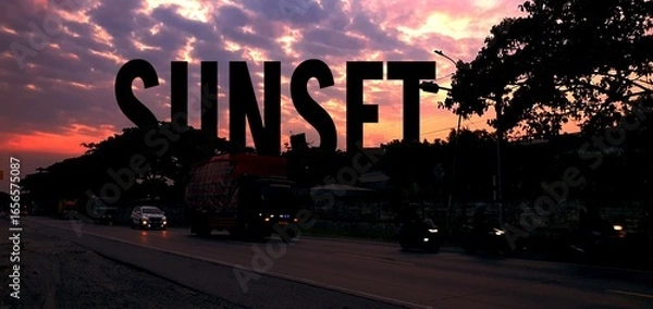 Fototapeta Scenic street view at sunset with a large SUNSET text overlay, a beautiful red sky and silhouettes of cars, trucks, and trees on the road.