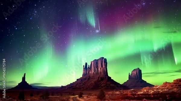 Fototapeta Colorful auroras blend into a sky full of stars over Monument Valley, with emerald and violet hues dancing above iconic rock formations under complete stillness
