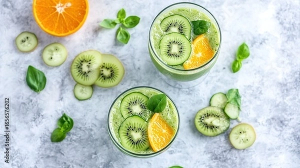 Obraz Two Glasses of Fresh Kiwi Smoothie on Dark Background with Kiwi Slices, Appetizing and Refreshing