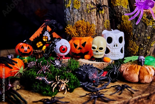 Fototapeta fun Halloween party in a dark forest in a glade with a skull, ghost, spiders, black hands, pumpkins, eye and other participants on All Saints Day, creative focus
