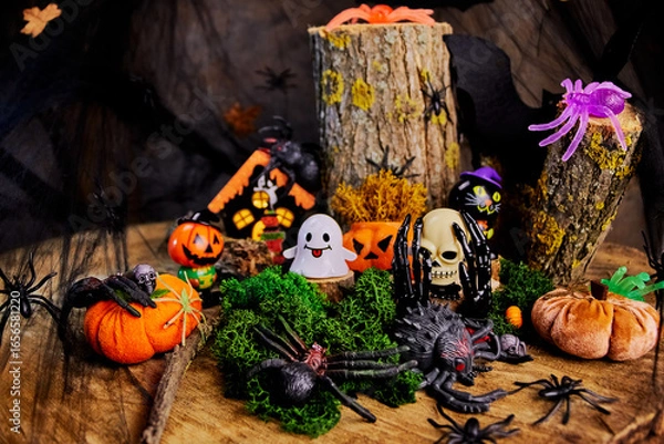Fototapeta Halloween fun party in a dark forest in a glade with a skull, ghost, spiders, black hands, pumpkins and others on All Saints Day, creative focus