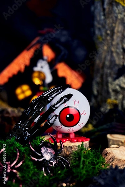 Fototapeta Halloween picture with an eye on a stump, black hand and bugs on All Saints Day in a gloomy atmosphere, creative focus