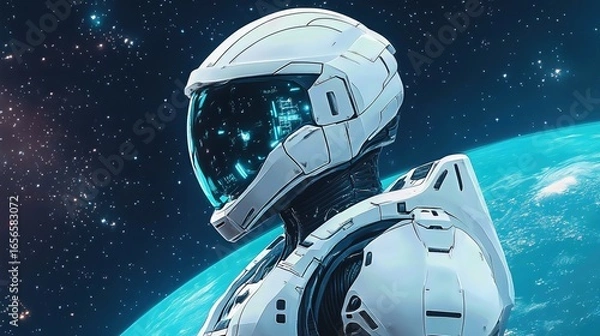Fototapeta Astronaut in Futuristic Spacesuit Gazing at a Teal Planet from Space Amidst a Starry Sky