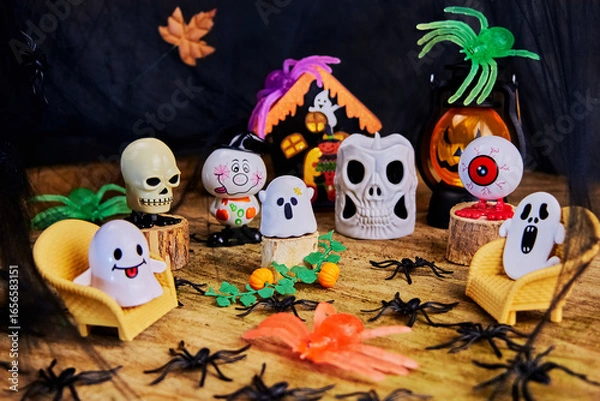 Fototapeta Halloween gathering of skulls, eyes, spiders, ghosts on the eve of All Saints Day in an abandoned forest clearing, selective focus