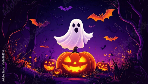 Fototapeta お化けとジャックオーランタンが浮かぶ夜空 – コウモリが舞う不気味なハロウィン風景
Spooky Night Scene with Ghost, Carved Pumpkin, and Flying Bats – Halloween Atmosphere