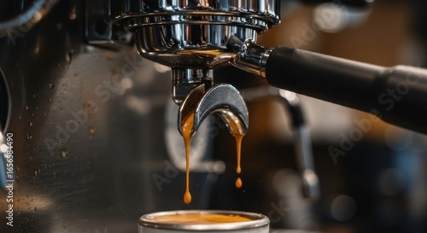Fototapeta Close-Up of Espresso Machine Brewing Fresh Coffee with Crema Drip 