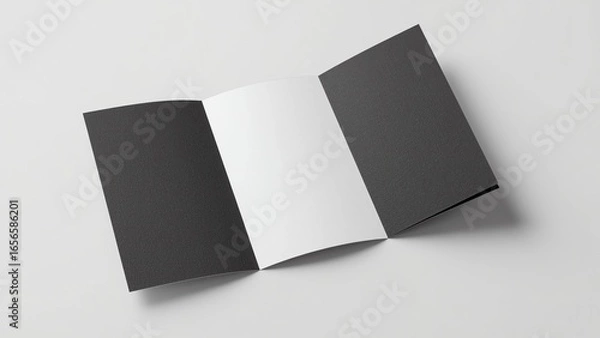 Fototapeta Tri-fold brochure mockup with two black outer panels and one open white inner panel, displayed on a flat surface 
