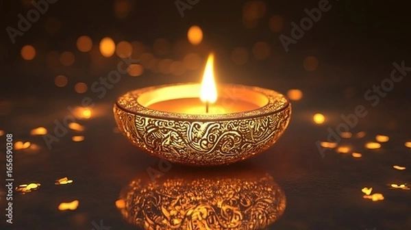 Fototapeta golden diya with intricate design, lit, reflecting on dark surface. Warm light and festive atmosphere.