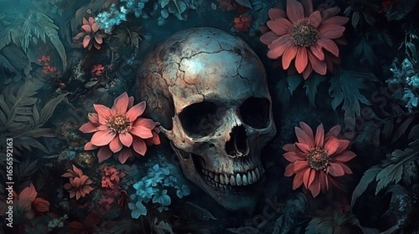 Fototapeta human skull among vibrant red and blue flowers in a dark setting. The contrast creates a visually striking image.