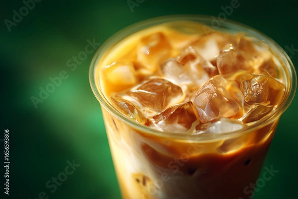 Fototapeta Close up of iced coffee with swirling cream and ice cubes in clear plastic cup coffee drink beverage