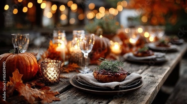 Obraz Autumn Thanksgiving Table Setting with Pumpkins, Candles, and Dinner Rolls