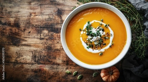 Obraz Autumn-inspired pumpkin soup with a velvety texture, decorated with cream, green thyme, and seeds, served in a white bowl on a wooden surface. Top view.