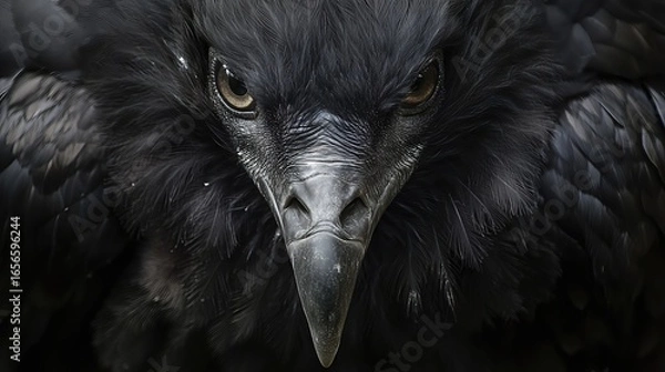 Fototapeta Close-up portrait of a majestic black bird, showcasing its intense gaze and intricate feathers. The image captures the bird's raw power and mysterious allure.