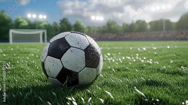 Fototapeta Soccer Ball on Wet Grass, Stadium Background: A Ready-to-Play Scene