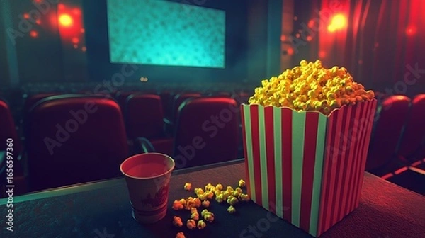 Fototapeta popcorn and a soda in dark movie theater. The scene evokes a cozy and enjoyable movie night.