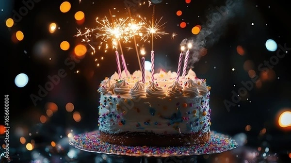 Fototapeta birthday cake adorned with sparklers and colorful sprinkles, perfect for a joyous celebration.